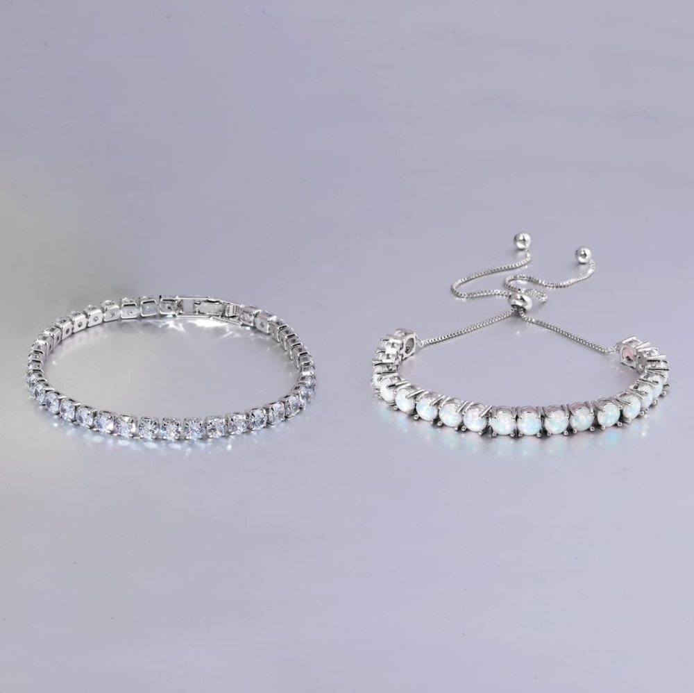 2Pcs Tennis Bracelet - Adjustable White Opal Bracelet and Cubic Zirconia Tennis
